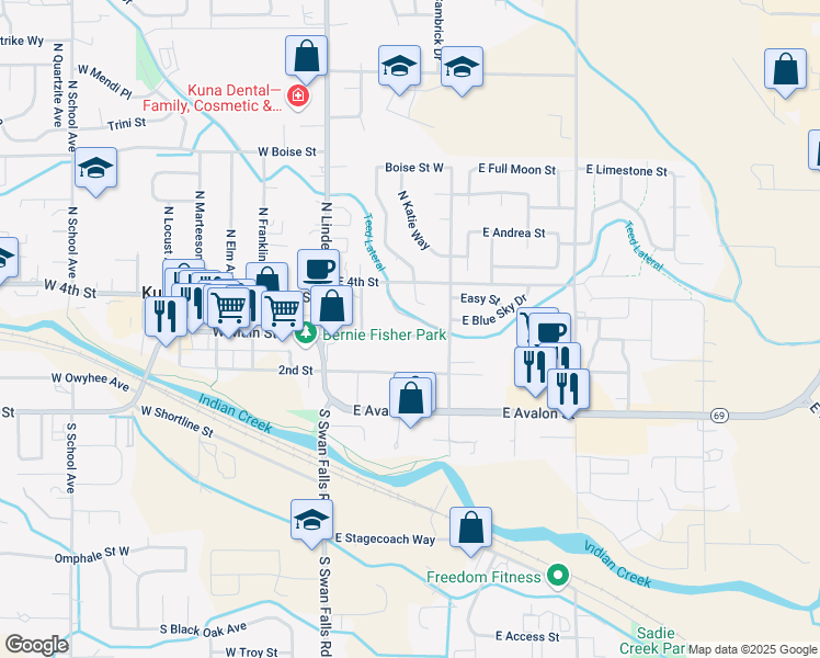 map of restaurants, bars, coffee shops, grocery stores, and more near 326 East 3rd Street in Kuna