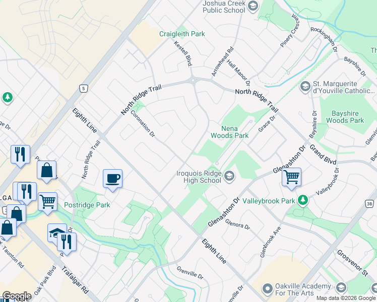 map of restaurants, bars, coffee shops, grocery stores, and more near 1087 Kestell Boulevard in Oakville