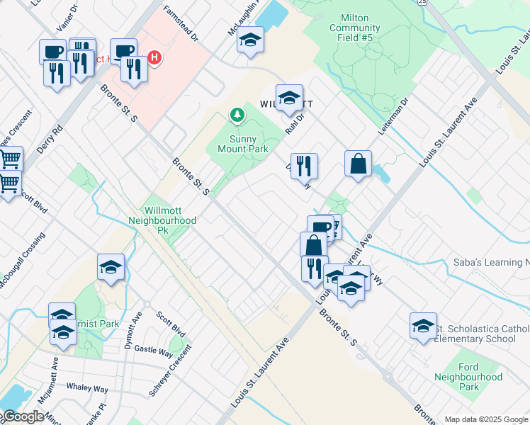 map of restaurants, bars, coffee shops, grocery stores, and more near 953 Whewell Trail in Milton