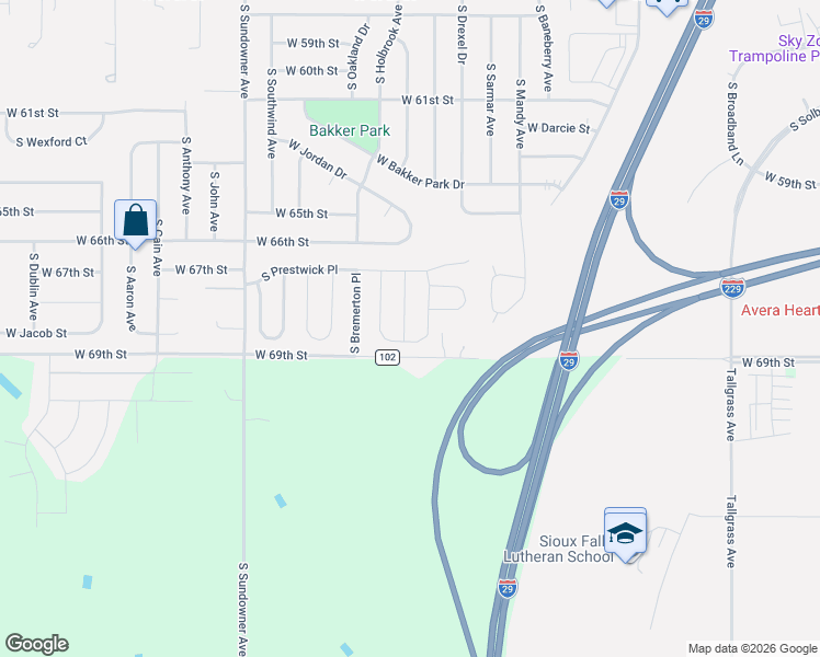 map of restaurants, bars, coffee shops, grocery stores, and more near 6020 South Prestwick Place in Sioux Falls