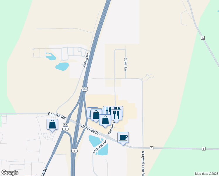 map of restaurants, bars, coffee shops, grocery stores, and more near 130 Frances Lane in Beaver Dam