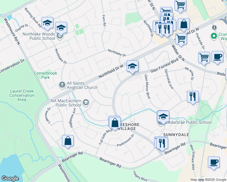 map of restaurants, bars, coffee shops, grocery stores, and more near 627 Glen Forrest Boulevard in Waterloo
