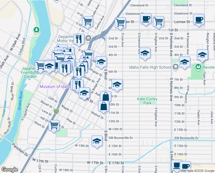map of restaurants, bars, coffee shops, grocery stores, and more near 785 South Boulevard in Idaho Falls