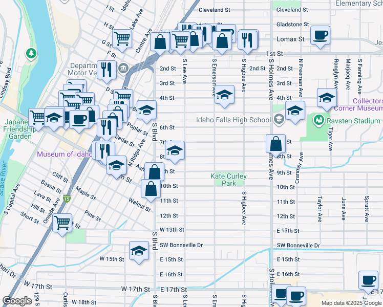 map of restaurants, bars, coffee shops, grocery stores, and more near 221 8th Street in Idaho Falls