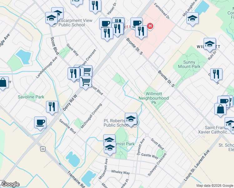 map of restaurants, bars, coffee shops, grocery stores, and more near 557 Speyer Circle in Milton
