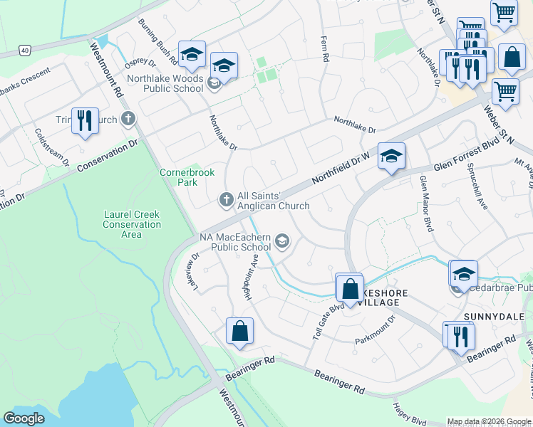 map of restaurants, bars, coffee shops, grocery stores, and more near 559 Havelock Drive in Waterloo