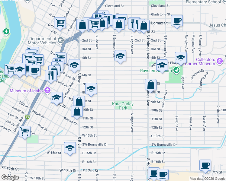 map of restaurants, bars, coffee shops, grocery stores, and more near 295 8th Street in Idaho Falls