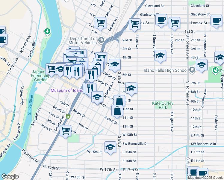map of restaurants, bars, coffee shops, grocery stores, and more near 390 North Ridge Avenue in Idaho Falls