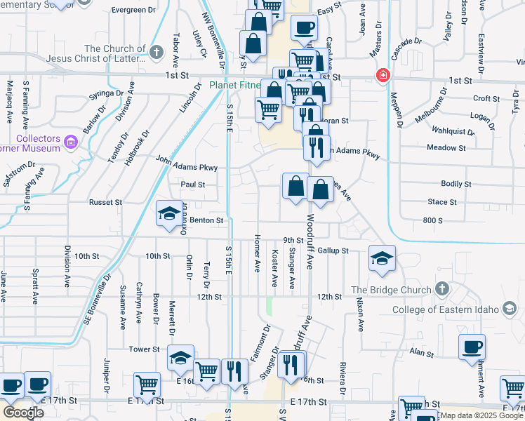 map of restaurants, bars, coffee shops, grocery stores, and more near 753 Homer Avenue in Idaho Falls