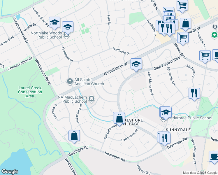 map of restaurants, bars, coffee shops, grocery stores, and more near 557 Elm Ridge Place in Waterloo