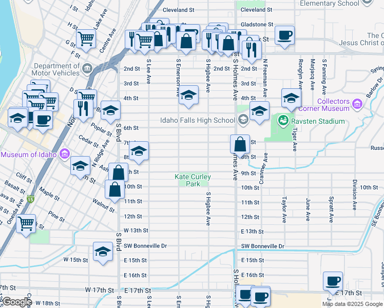 map of restaurants, bars, coffee shops, grocery stores, and more near 345 8th Street in Idaho Falls