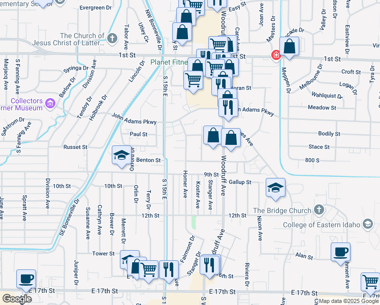 map of restaurants, bars, coffee shops, grocery stores, and more near 753 Homer Avenue in Idaho Falls