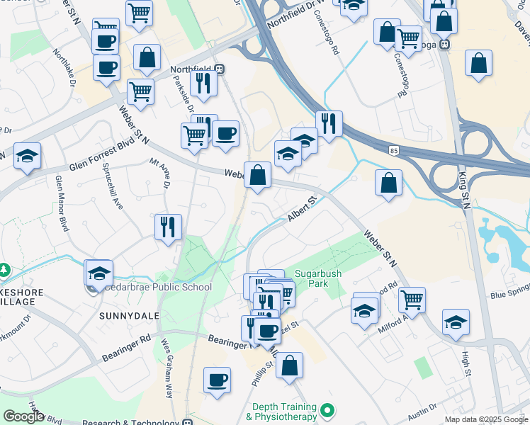 map of restaurants, bars, coffee shops, grocery stores, and more near 649 Albert Street in Waterloo