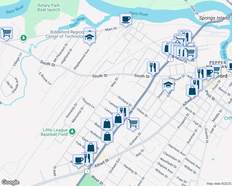 map of restaurants, bars, coffee shops, grocery stores, and more near 34 Orchard Street in Biddeford
