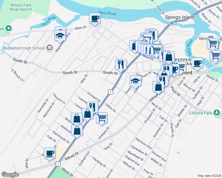 map of restaurants, bars, coffee shops, grocery stores, and more near 260 Elm Street in Biddeford