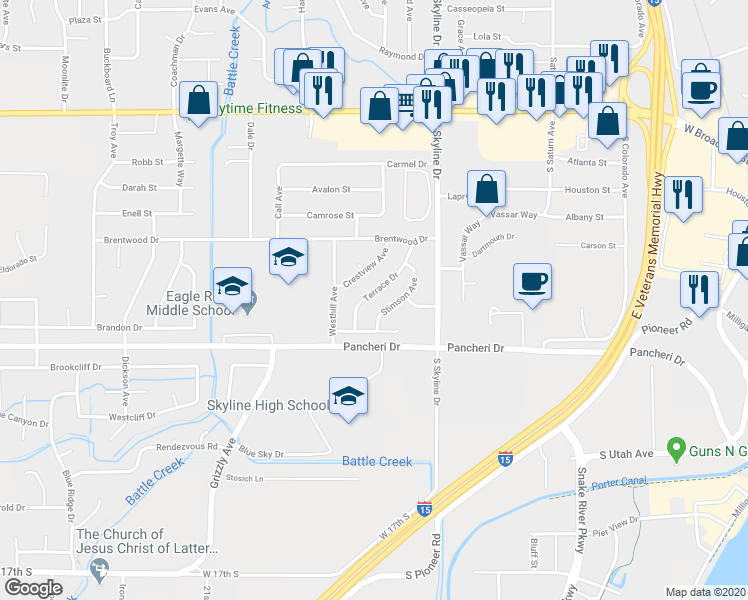 map of restaurants, bars, coffee shops, grocery stores, and more near 735 Terrace Drive in Idaho Falls