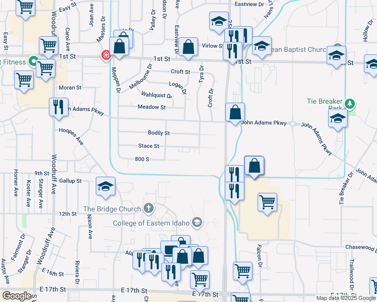 map of restaurants, bars, coffee shops, grocery stores, and more near 730 Tyra Drive in Idaho Falls