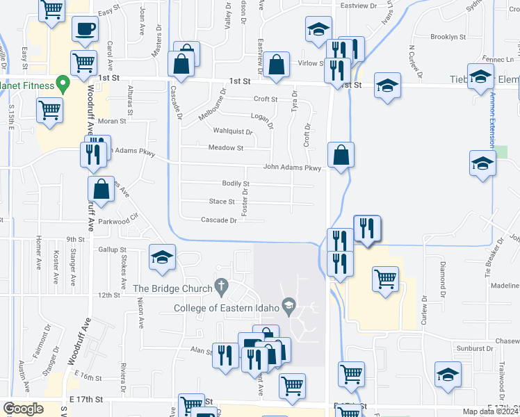 map of restaurants, bars, coffee shops, grocery stores, and more near 2282 Stace Street in Idaho Falls