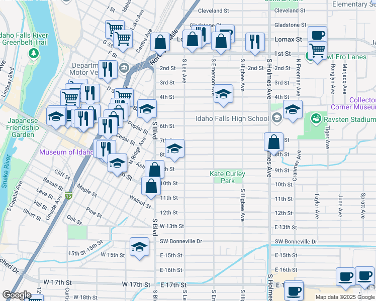map of restaurants, bars, coffee shops, grocery stores, and more near 221 8th Street in Idaho Falls