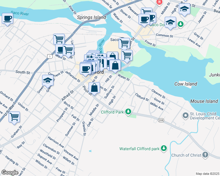map of restaurants, bars, coffee shops, grocery stores, and more near 19 Sullivan Street in Biddeford