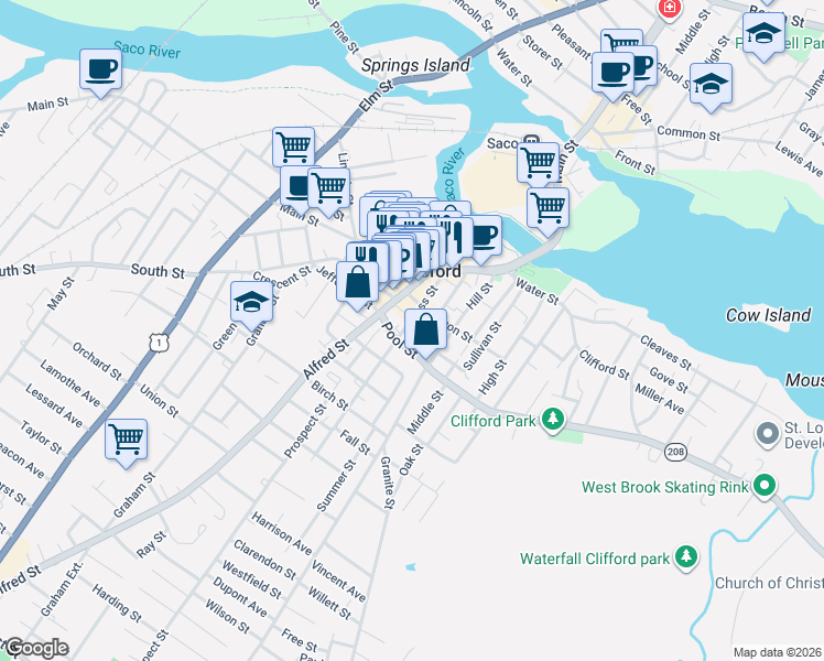 map of restaurants, bars, coffee shops, grocery stores, and more near 11 King Street in Biddeford