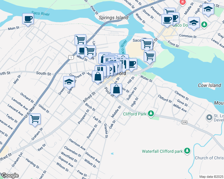 map of restaurants, bars, coffee shops, grocery stores, and more near 11 King Street in Biddeford