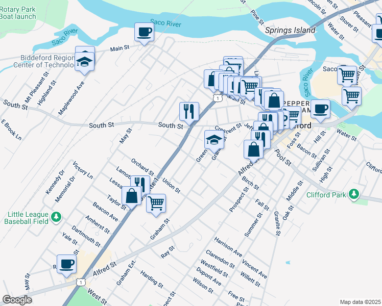 map of restaurants, bars, coffee shops, grocery stores, and more near 26 Mason Street in Biddeford