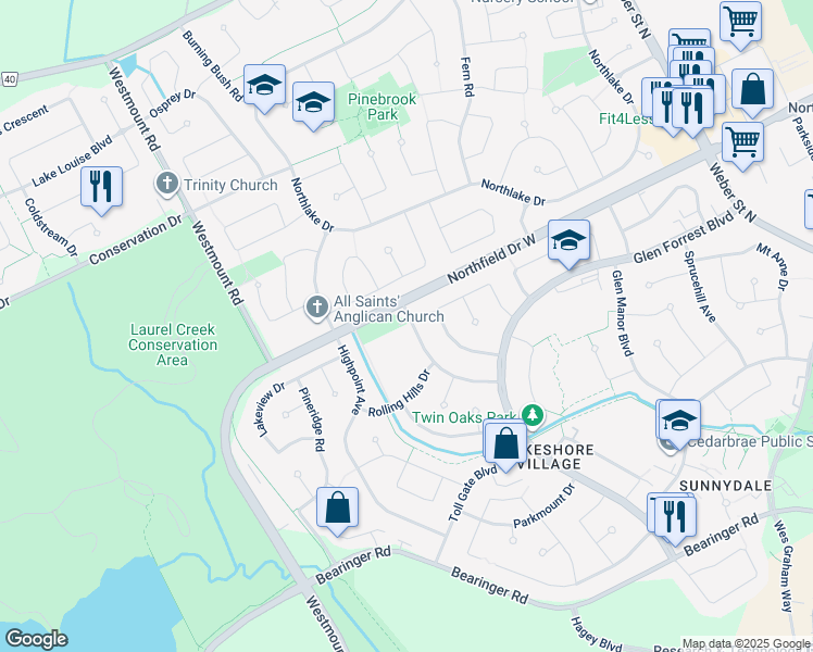 map of restaurants, bars, coffee shops, grocery stores, and more near 559 Havelock Drive in Waterloo