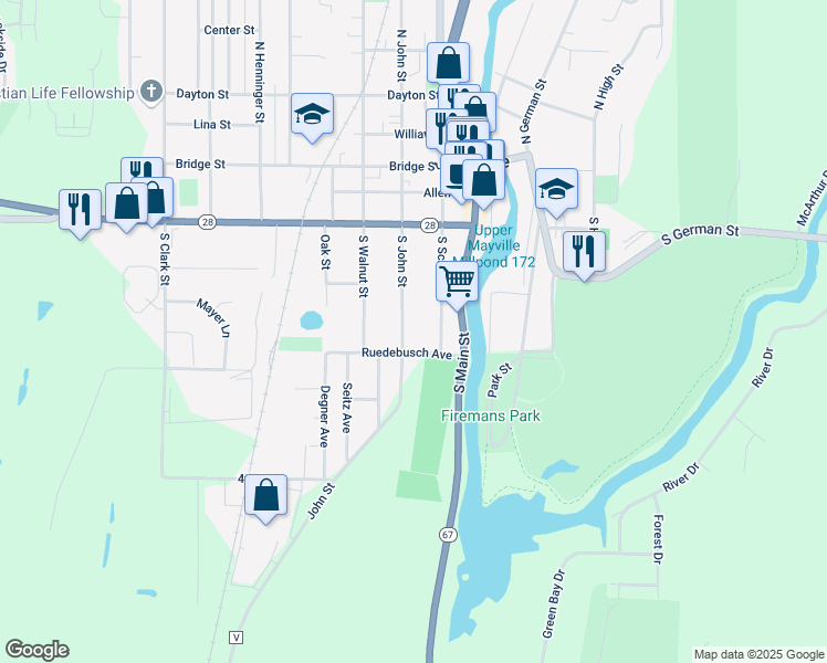map of restaurants, bars, coffee shops, grocery stores, and more near 342 South John Street in Mayville