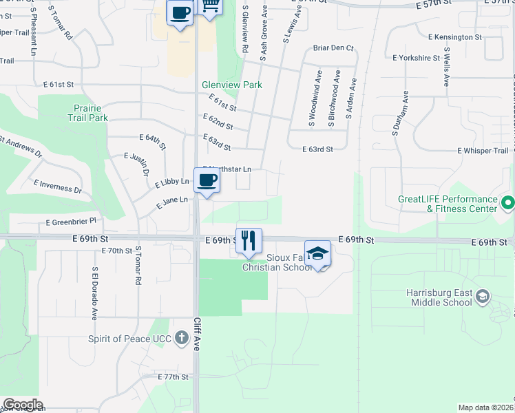 map of restaurants, bars, coffee shops, grocery stores, and more near 1560 East 69th Street in Sioux Falls