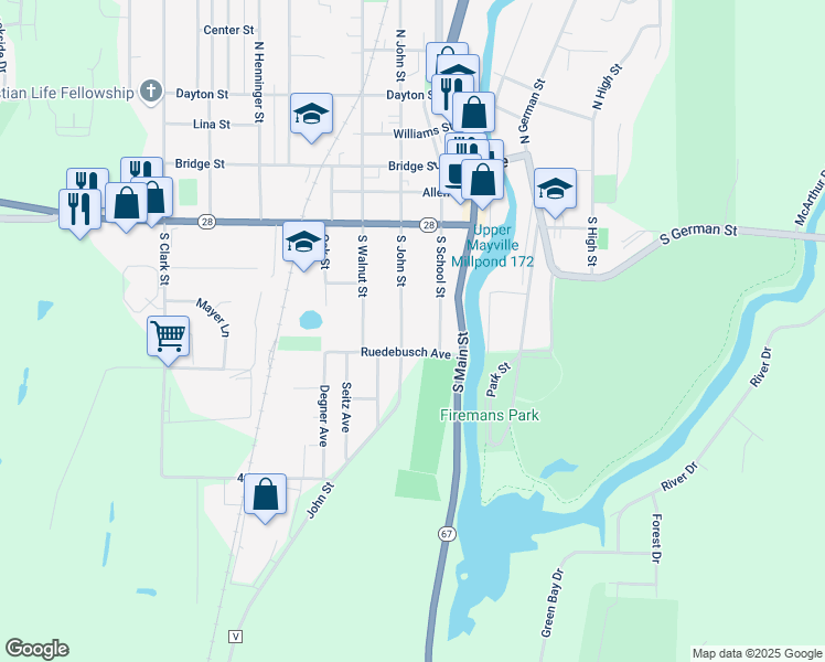 map of restaurants, bars, coffee shops, grocery stores, and more near 342 South John Street in Mayville