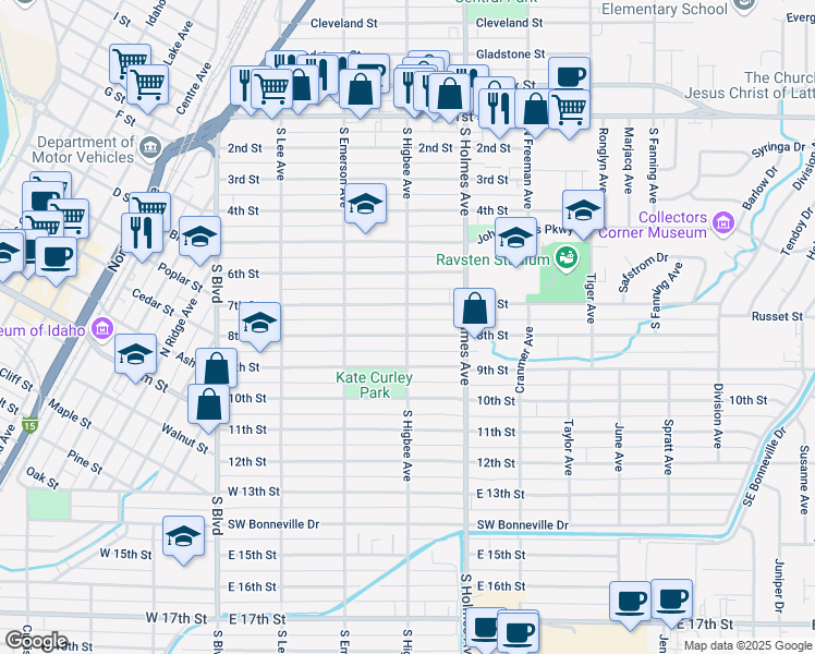 map of restaurants, bars, coffee shops, grocery stores, and more near South Higbee Avenue in Idaho Falls