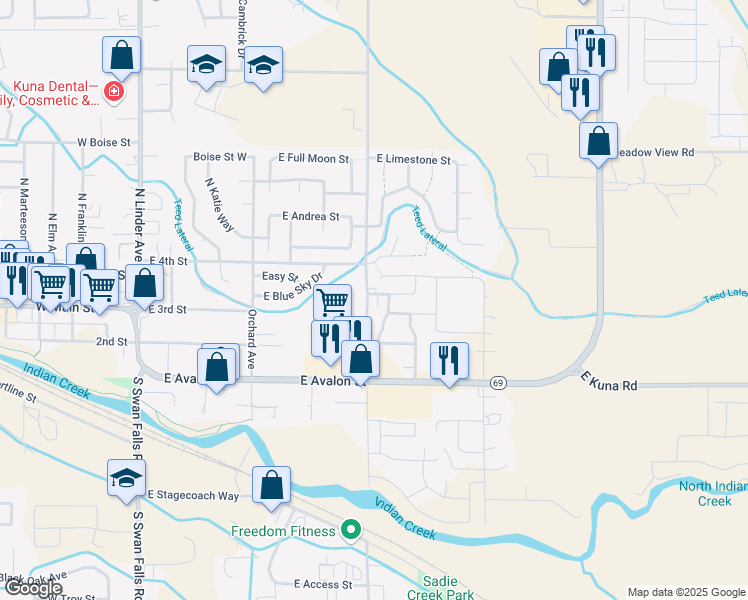 map of restaurants, bars, coffee shops, grocery stores, and more near 811 East Ensolarado Street in Kuna