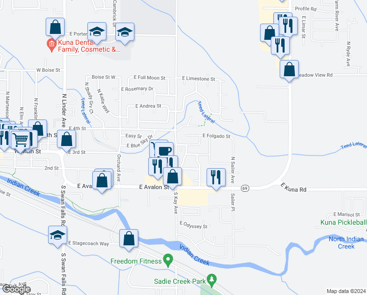 map of restaurants, bars, coffee shops, grocery stores, and more near 385 North Winding Trail Avenue in Kuna