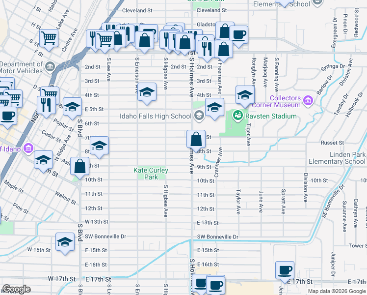 map of restaurants, bars, coffee shops, grocery stores, and more near 469 8th Street in Idaho Falls