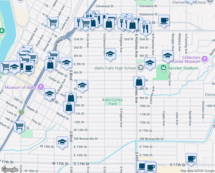 map of restaurants, bars, coffee shops, grocery stores, and more near 345 8th Street in Idaho Falls