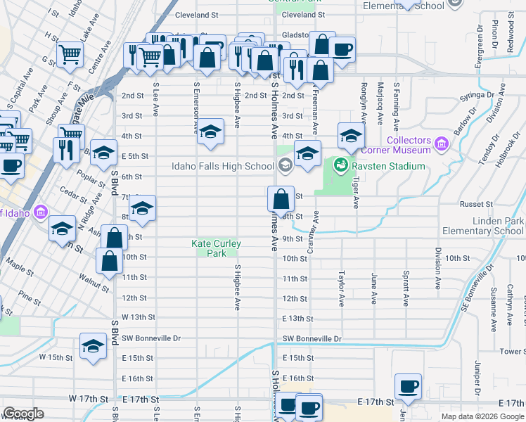 map of restaurants, bars, coffee shops, grocery stores, and more near 469 8th Street in Idaho Falls