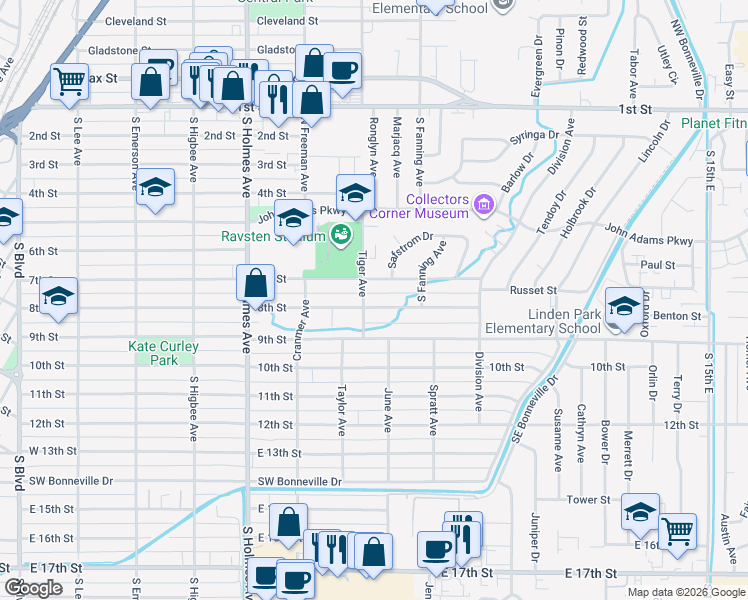 map of restaurants, bars, coffee shops, grocery stores, and more near 715 8th St in Idaho Falls