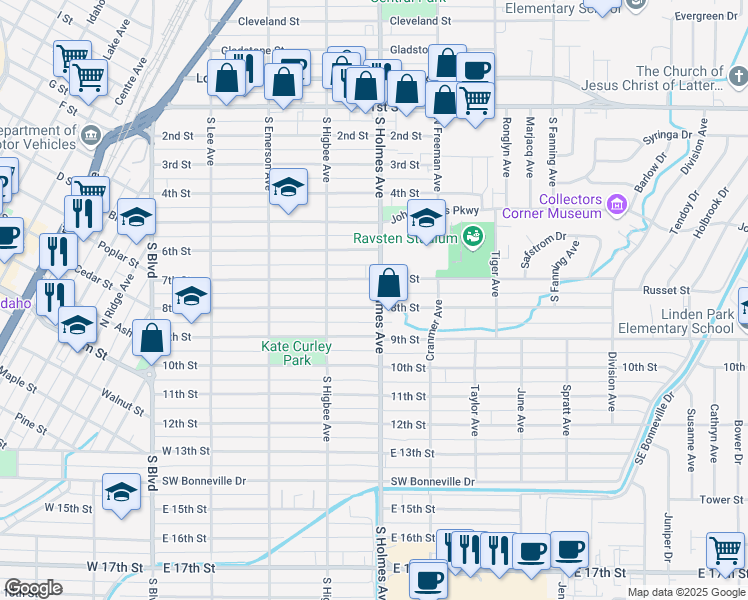 map of restaurants, bars, coffee shops, grocery stores, and more near 790 South Holmes Avenue in Idaho Falls