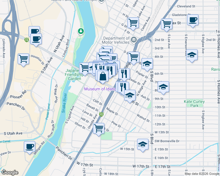 map of restaurants, bars, coffee shops, grocery stores, and more near 249 Interstate 15 Business Loop in Idaho Falls