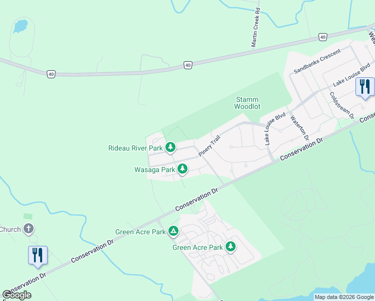 map of restaurants, bars, coffee shops, grocery stores, and more near 425 Rideau River Street in Waterloo