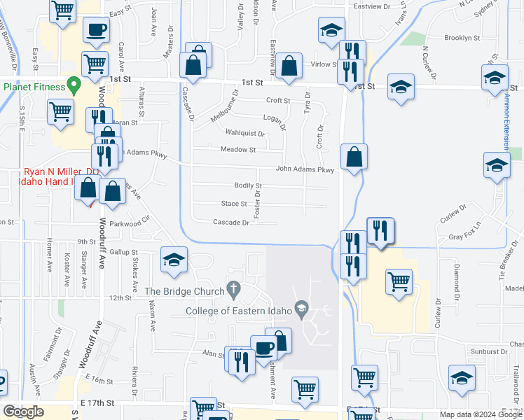 map of restaurants, bars, coffee shops, grocery stores, and more near 2248 Stace Street in Idaho Falls