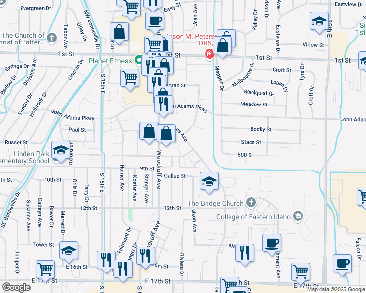 map of restaurants, bars, coffee shops, grocery stores, and more near 1885 Parkwood Street in Idaho Falls