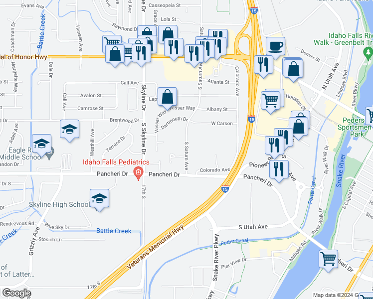 map of restaurants, bars, coffee shops, grocery stores, and more near 690 South Saturn Avenue in Idaho Falls