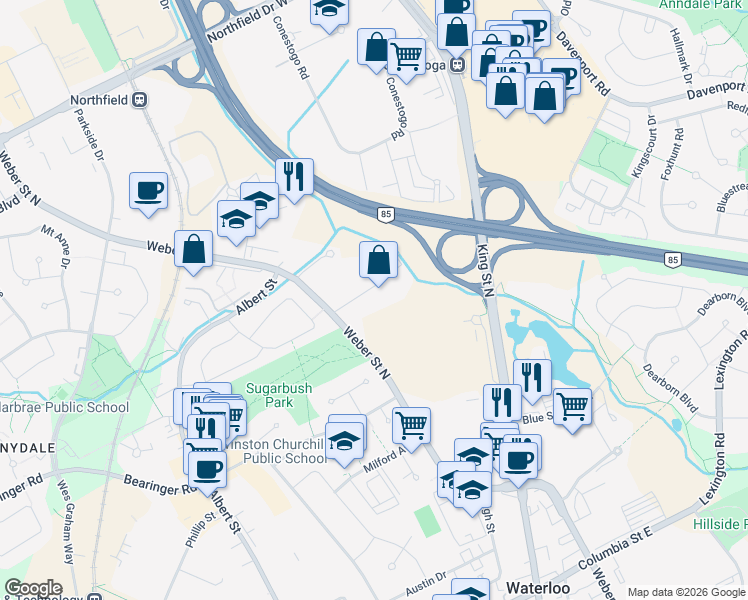 map of restaurants, bars, coffee shops, grocery stores, and more near 73 Schaefer Street in Waterloo