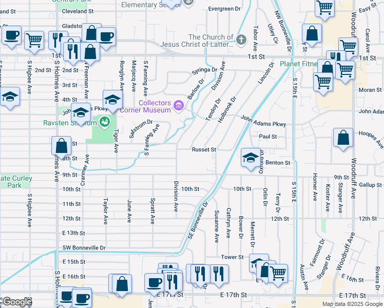 map of restaurants, bars, coffee shops, grocery stores, and more near 745 Linden Drive in Idaho Falls