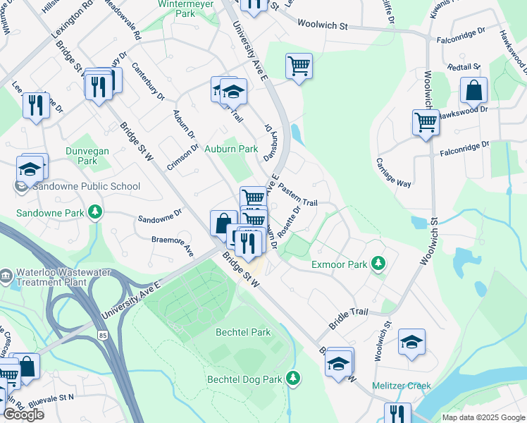 map of restaurants, bars, coffee shops, grocery stores, and more near 307 Sable Court in Waterloo