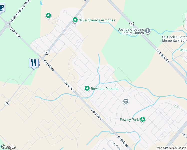 map of restaurants, bars, coffee shops, grocery stores, and more near in Oakville