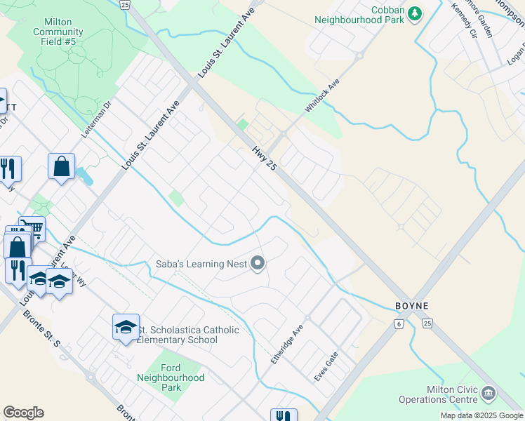 map of restaurants, bars, coffee shops, grocery stores, and more near 1335 Britton Crescent in Milton