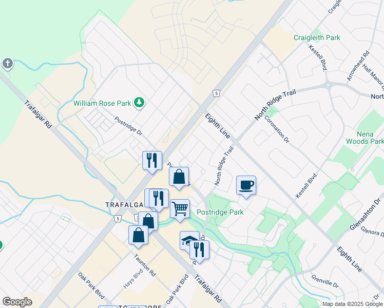 map of restaurants, bars, coffee shops, grocery stores, and more near 466 Thistle Glen Lane in Oakville